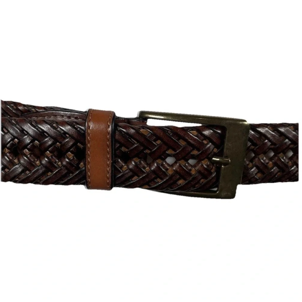 Vintage Braided Woven Brown Genuine Leather Belt Brass Square Buckle Mens Sz 38